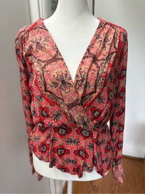 Free People Red Paisley Wrap Blouse with Floral Motif